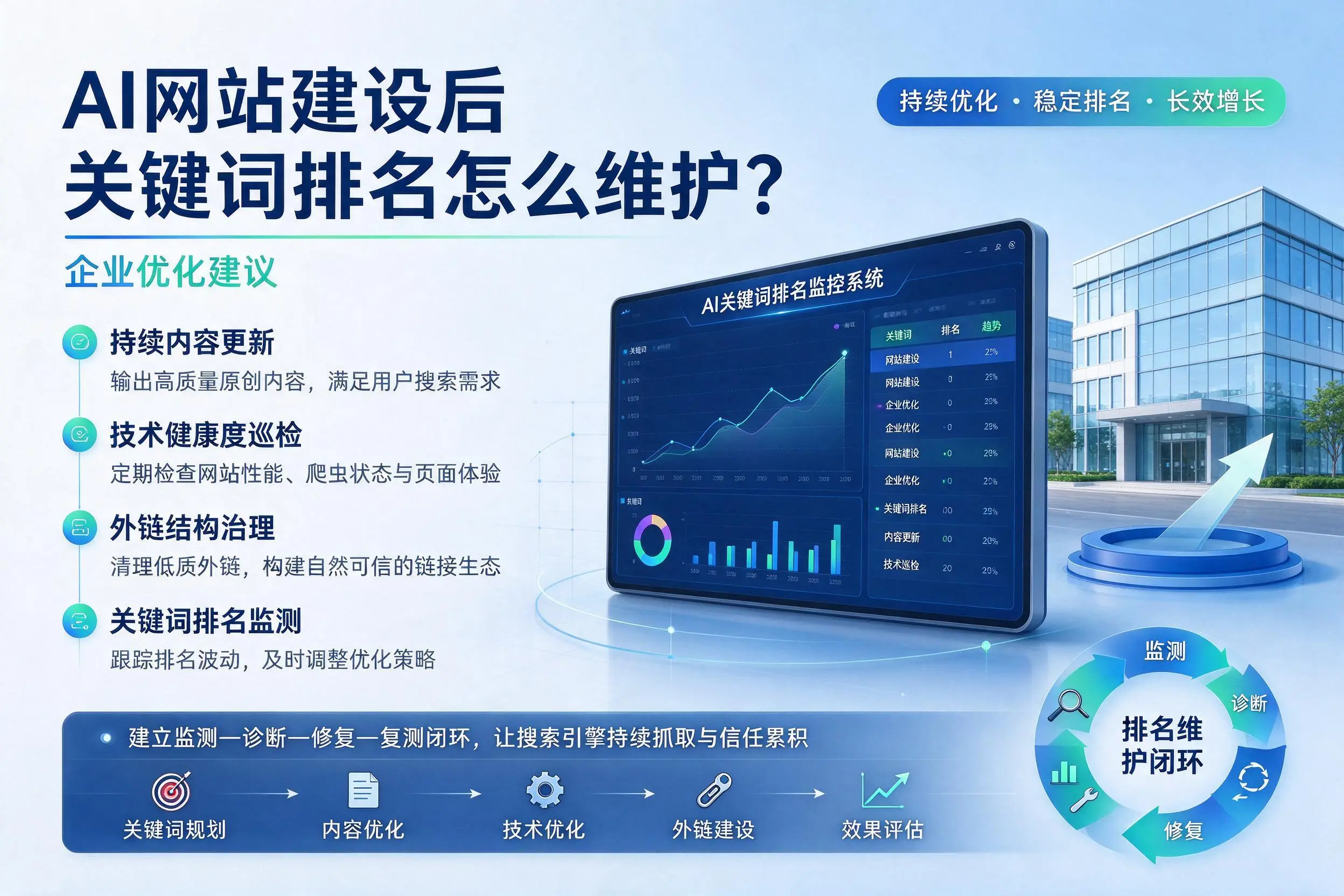 AI网站建设后关键词排名怎么维护?宜宾企业优化建议