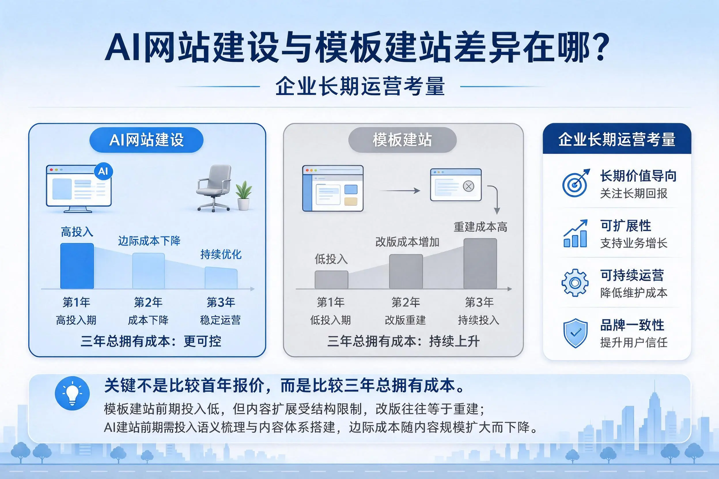 AI网站建设与模板建站差异在哪?宜宾企业长期运营考量